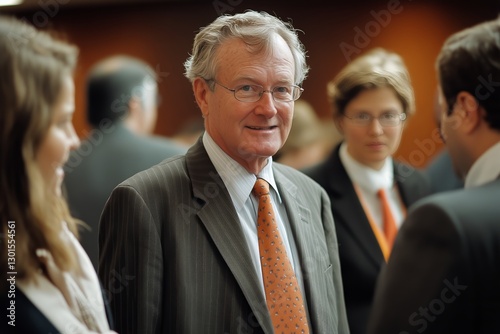Young Professional in Suit and Glasses Attending Networking Event in a Modern...