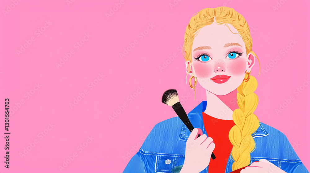 A cheerful anime-style girl with bright turquoise eyes and long braided blonde hair, holding a makeup brush in one hand and an eyeshadow palette in the other. She wears a stylish d A cheerful anime-style girl with bright turquoise eyes and long braided blonde hair, holding a makeup brush in one hand and an eyeshadow palette in the other. She wears a stylish d