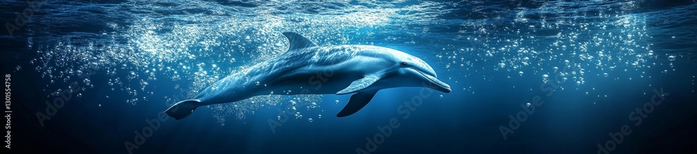 Fototapeta premium A peaceful dolphin swimming gracefully under the sea surrounded by bubbles. Generative AI