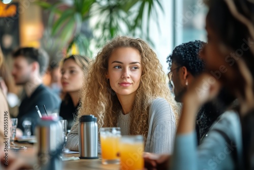 Young Woman Enjoys Cafe Atmosphere While Socializing With Friends in a Modern...