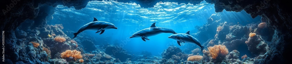 Fototapeta premium Dolphins exploring an underwater canyon with vibrant coral reefs and clear blue waters. Generative AI