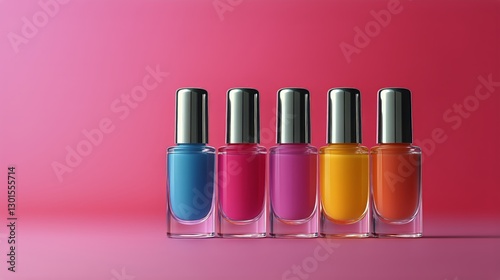 Colorful Nail Polish Collection Arranged Neatly on a Pink Surface for Creativ...