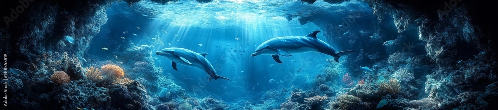 Obraz premium Two dolphins swimming together through a stunning underwater cave filled with coral reefs and sea life. Generative AI