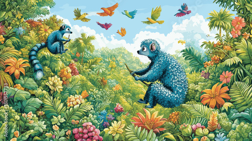 Tropical Jungle Paradise with Blue Lemurs and Vibrant Birds Soaring Over Lush Greenery and Colorful Flowers Amidst Fluffy Clouds in a Serene Nature Wildlife Scene