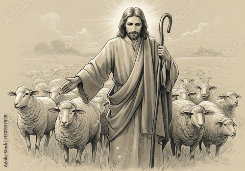 Jesus, the Good Shepherd: A Penciled Pastoral Scene