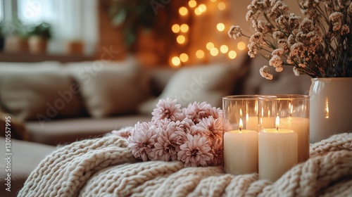 Warm Lighting and Flowers Create a Cozy Atmosphere in a Living Room With Soft...