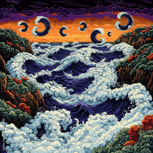Stunning Surreal Seascape with Dramatic Waves and Vibrant Sunset Sky Framed by Lush Coastal Cliffs and Unique Artistic Clouds in a Dreamlike Ocean Scene