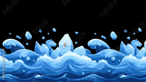 Fantasy Ice Dragons and Ocean Waves with Floating Iceberg Scene in Magical Winter Wonderland with Glittering Sea Creatures and Sky Elements - Frosty Artwork