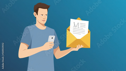 Man Reading Incoming Electronic Letter in Envelope, Symbolizing Email Communication
