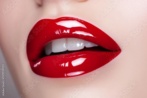 Glossy Red Lips - Sensual, glamorous, beauty, cosmetics, lipstick. A close-up shot of perfect red lips with a glossy finish
