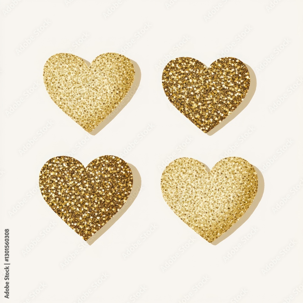 Fototapeta premium Four gold glitter hearts, two light and two dark shades, on white background.
