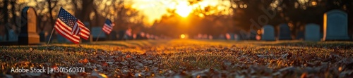 Golden Sunset at Peaceful Military Cemetery Surrounded by Fallen Leaves. Generative AI