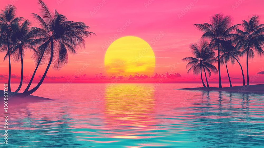 Obraz premium Vibrant Retro Sunset Over Tropical Beach with Palm Trees – Aesthetic Vaporwave and Synthwave Paradise Landscape, Dreamy Neon Pink and Yellow Sky Reflection in Ocean Water for Music Covers, Posters, Wa