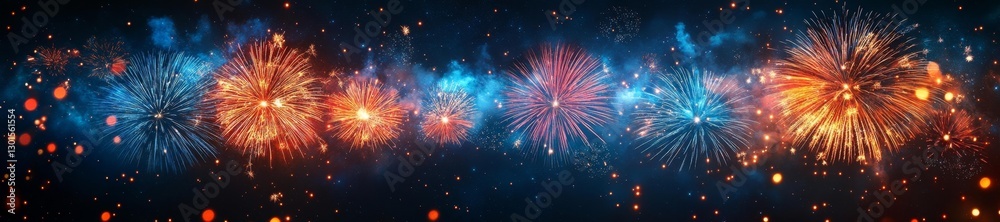Naklejka premium Spectacular Fireworks in Red Blue and Orange Filling the Night Sky. Generative AI