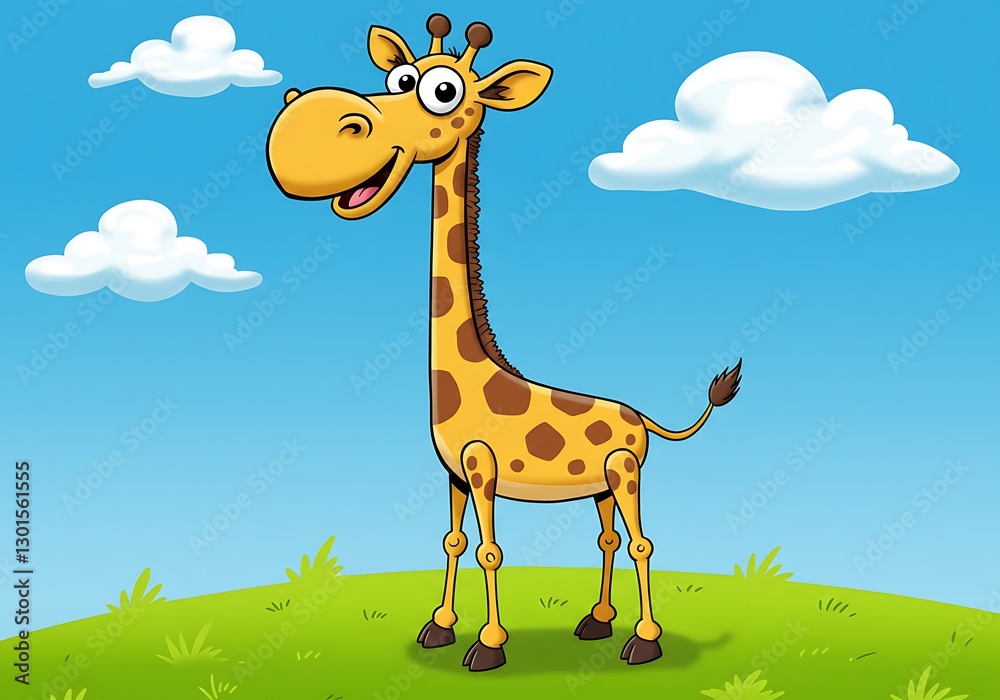Fototapeta premium Joyful Giraffe in a Sunny Meadow: A Cheerful Cartoon Illustration