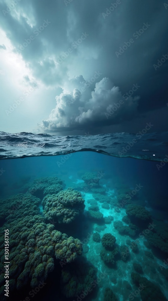 Obraz premium Stormy Ocean Landscape: Underwater Reef Scene with Dark Clouds and Churning Waves