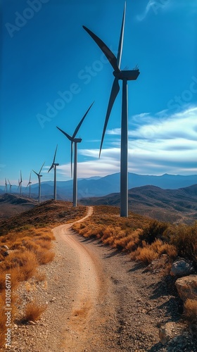 Wind Turbines Stand Tall Along a Scenic Pathway Through Golden Grass in a Hil...