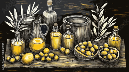 Traditional Olive Oil Bottles with Fresh Olives and Wooden Barrel on Rustic Table, Featuring Detailed Olive Branches and Handcrafted Design in Vintage Style Art