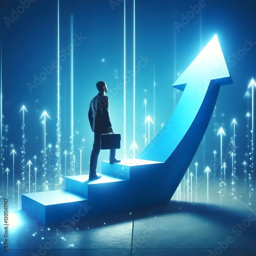 Businessman in a suit holding a briefcase, stepping up glowing stairs that transform into a large upward arrow, surrounded by futuristic neon arrows and light effects, symbolizing growth and success.
