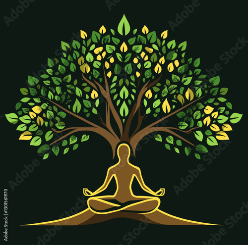 Serene Meditation Silhouette Under Vibrant Tree with Lush Green and Yellow Leaves - Symbol of Peace, Balance, and Harmony in Nature and Yoga Lifestyle