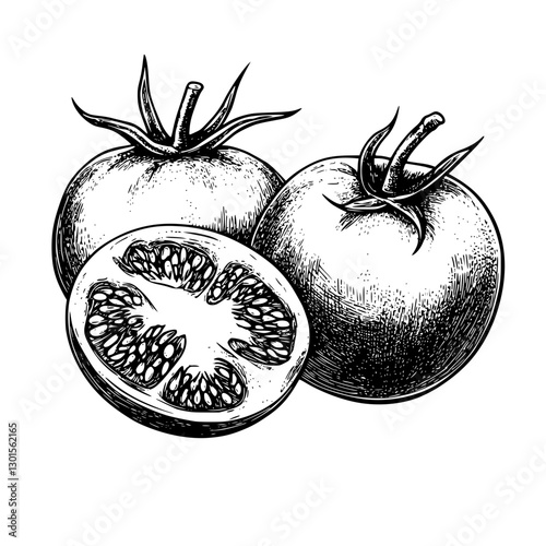 Freshly harvested tomatoes displayed with a cross-section showing juicy seeds and texture