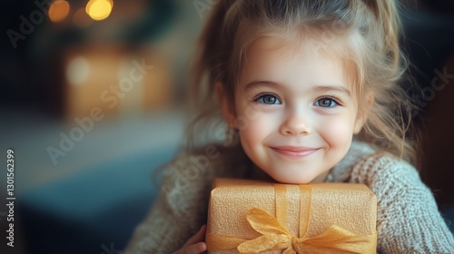 Young Girl Smiling With a Gift in Hands During a Cozy Moment Indoors