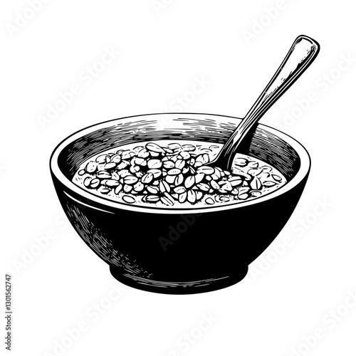 Engraved illustration of a bowl filled with oats and a spoon for a wholesome breakfast option