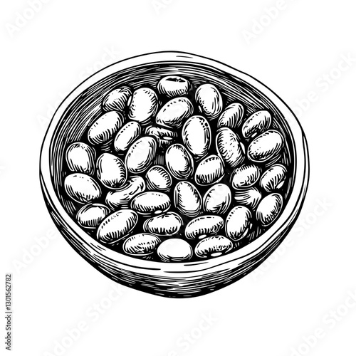 Engraved vector illustration of a bowl filled with assorted beans on a plain background