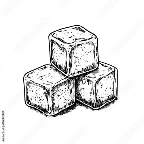 Engraved illustration of three ice cubes stacked together on a plain background