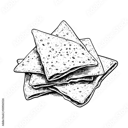 Engraved illustration of stacked tortilla chips on a plain background