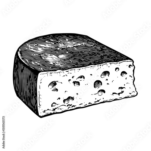 Engraved vector illustration of a wedge of cheese showcasing texture and detail in a unique style