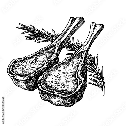 Detailed engraved illustration of lamb chops garnished with fresh rosemary in a clean style