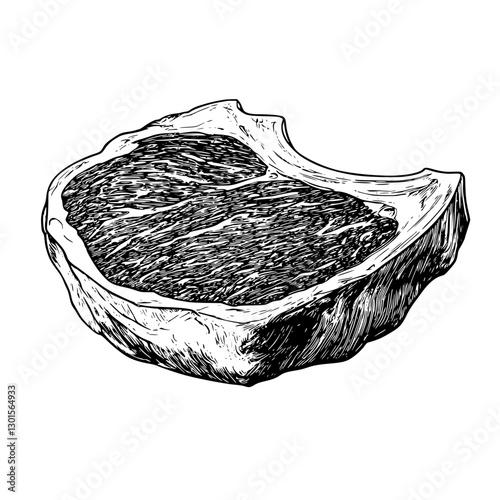 Detailed engraved illustration of a cross-section of a meat cut showcasing texture and marbling for culinary reference