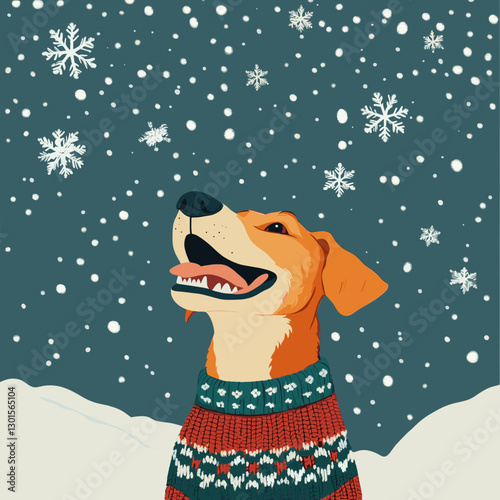 Adorable Dog in Cozy Sweater Enjoying Winter Snowfall Amidst Snowflakes in Scenic Outdoor Setting with Dark Sky: Perfect Seasonal Canine Illustration