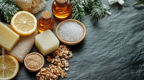 Natural Skincare Ingredients Arranged on Dark Surface With Lemon, Oils, and H...