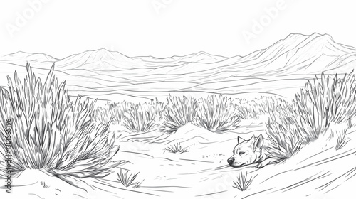 Desert Landscape with Sleeping Coyote in Sagebrush, Mountain Background, Monochrome Illustration, Wildlife Tranquility, Detailed Wilderness Scenery Art
