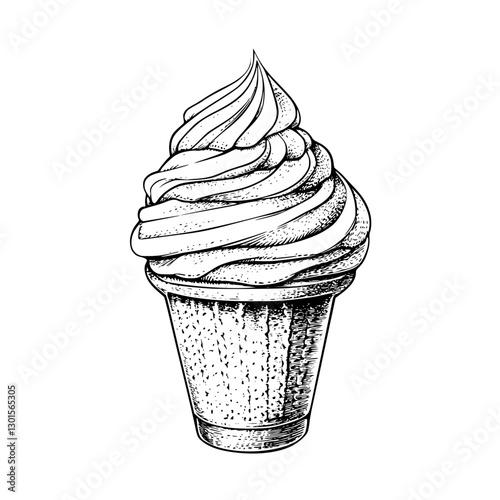 Delicate engraved illustration of a classic soft serve ice cream cone designed in vector style for vintage appeal