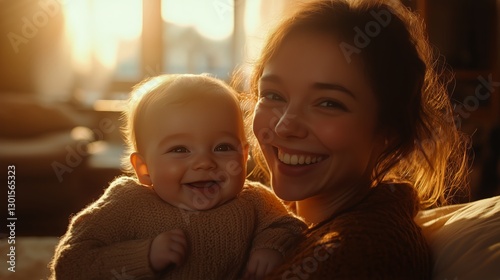 Woman Holds Baby While Enjoying Sunlight in a Cozy Indoor Setting During Gold...