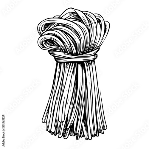 Engraved vector illustration of a bundle of uncooked pasta noodles tied together