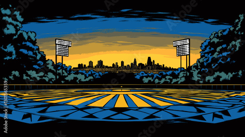 Vibrant Sunset Over Cityscape with Illuminated Stadium and Lush Trees, Iconic Urban Horizon, Perfect Blend of Nature and Architecture in Striking Colors