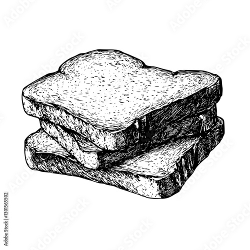 Engraved illustration of stacked slices of bread showcasing detailed texture and layers in black and white