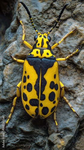 Colorful Beetle Resting on a Rock With Yellow and Black Pattern in Nature