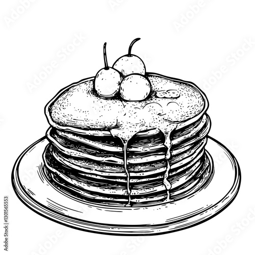 Tall stack of pancakes topped with syrup and cherries displayed on a plate in a detailed engraved illustration style