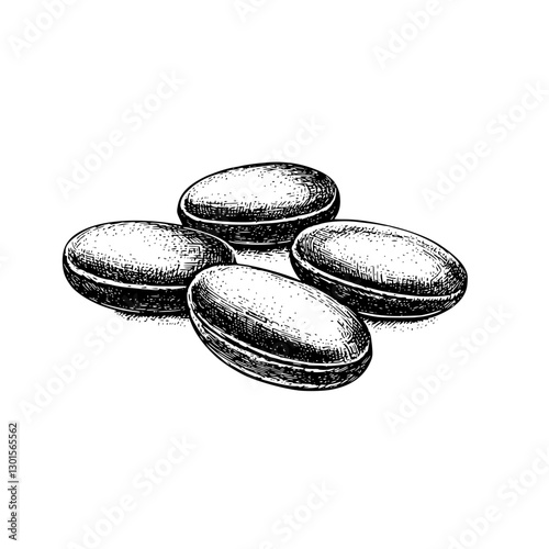 Engraved illustration of four oval-shaped objects resembling tablets in a simple vector format