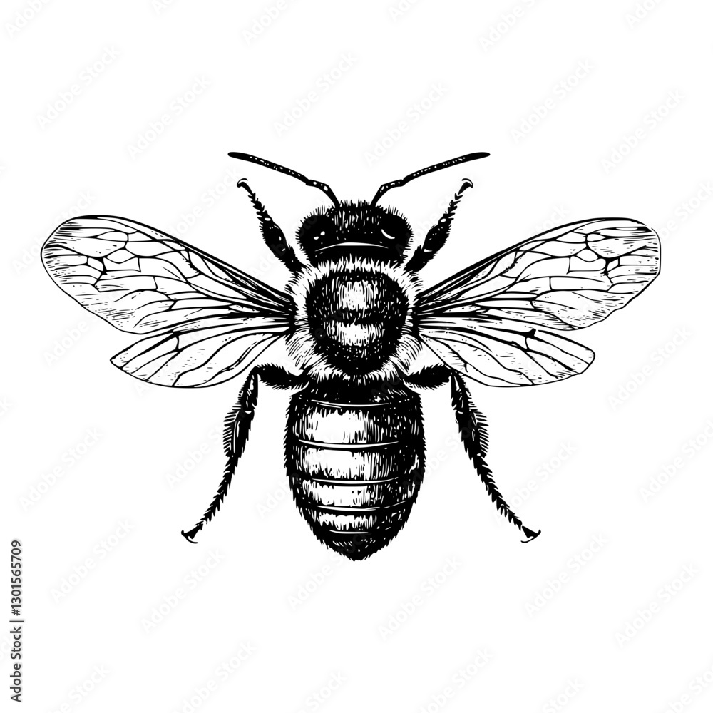 Obraz premium Engraved illustration of a detailed bee in vector art style showing intricacies of wings and body
