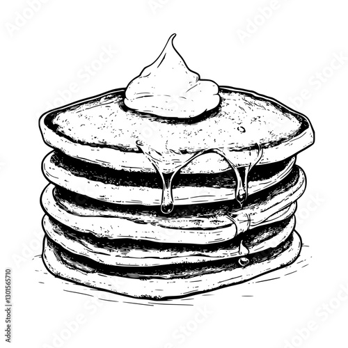 Engraved illustration of a stack of pancakes with syrup and whipped cream on top displayed in a simple vector design