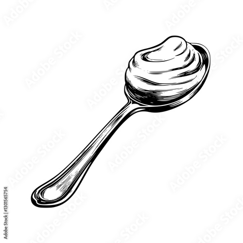 Engraved illustration of a spoonful of creamy substance depicting culinary artistry and food design in vector form