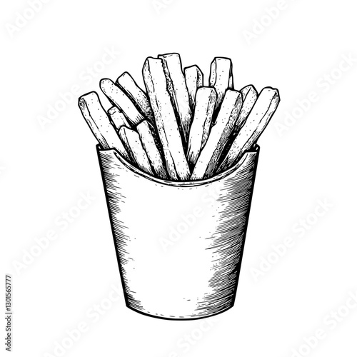 Engraved illustration of a classic fast food item served in a paper container filled with crispy French fries