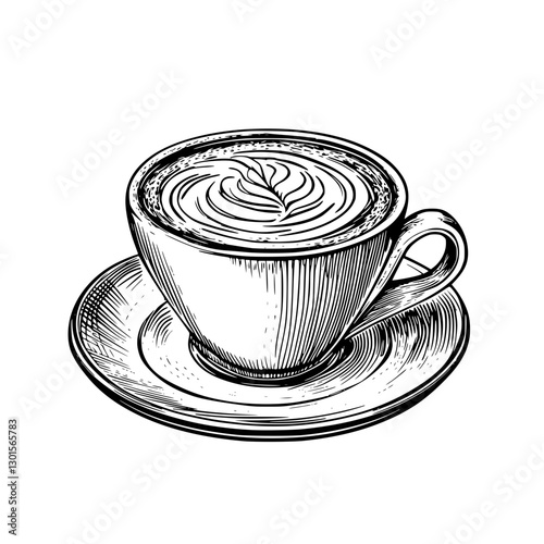 Engraved illustration of a coffee cup with latte art on a saucer showing intricate details and textures in a vintage style