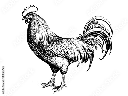 Engraved illustration of a detailed rooster with elaborate feathers standing proudly